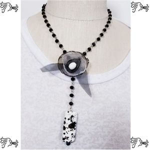 Y Necklace Black Crystal Silver Chain Organza